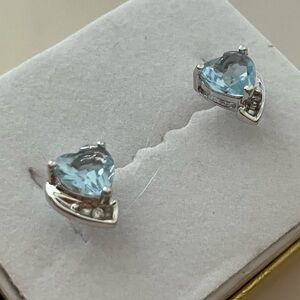Heart Aquamarine & White CZ Stud Earrings 10 K White Gold